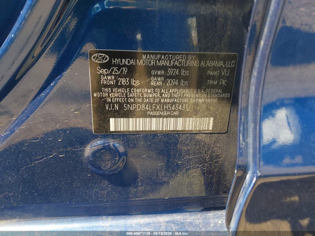 Продажа на аукционе авто 2020 Hyundai Elantra Sel, vin: 5NPD84LFXLH543431, номер лота: 45871129
