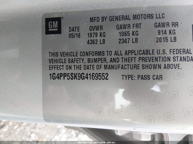 45871135 :رقم المزاد ، 1G4PP5SK9G4169552 vin ، 2016 Buick Verano مزاد بيع