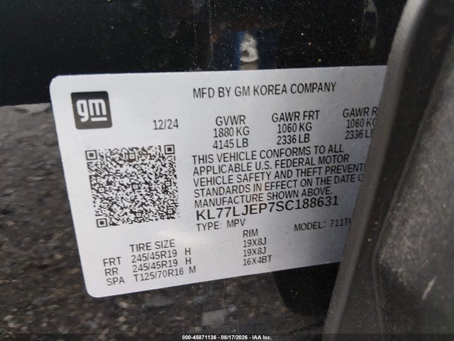 45871136 :رقم المزاد ، KL77LJEP7SC188631 vin ، 2025 Chevrolet Trax Fwd 2rs مزاد بيع