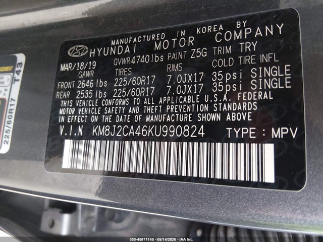 2019 Hyundai Tucson Se მანქანა იყიდება აუქციონზე, vin: KM8J2CA46KU990824, აუქციონის ნომერი: 45871148