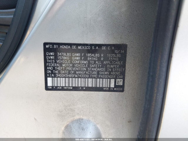 45871151 :رقم المزاد ، 3HGGK5H85FM743339 vin ، 2015 Honda Fit Ex/ex-l مزاد بيع