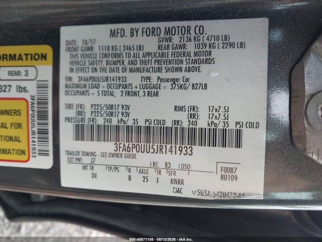 45871158 :رقم المزاد ، 3FA6P0UU5JR141933 vin ، 2018 Ford Fusion Hybrid S مزاد بيع