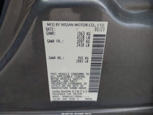 Продажа на аукционе авто 2023 Nissan Altima Sv Fwd, vin: 1N4BL4DV0PN376715, номер лота: 45871162