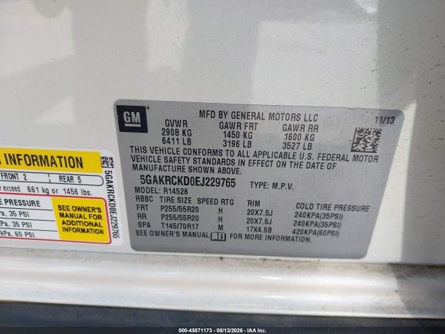 2014 Buick Enclave Premium მანქანა იყიდება აუქციონზე, vin: 5GAKRCKD0EJ229765, აუქციონის ნომერი: 45871173