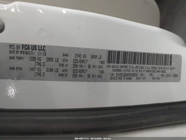 45871174 :رقم المزاد ، 2C4RDGBG0KR585945 vin ، 2019 Dodge Grand Caravan Se مزاد بيع