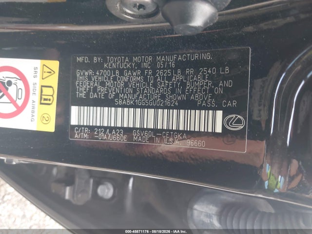 45871176 :رقم المزاد ، 58ABK1GG5GU021624 vin ، 2016 Lexus Es 350 مزاد بيع