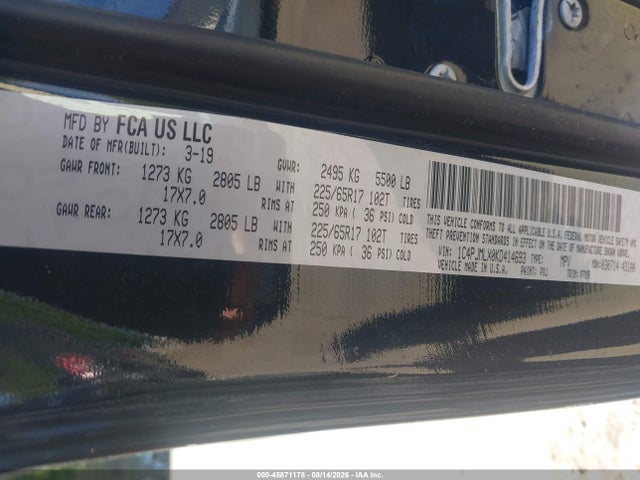 Продажа на аукционе авто 2019 Jeep Cherokee Latitude Plus 4x4, vin: 1C4PJMLX0KD414693, номер лота: 45871178