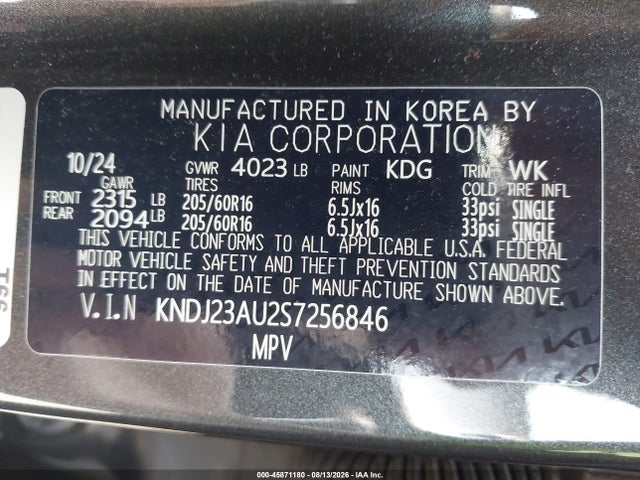 45871180 :رقم المزاد ، KNDJ23AU2S7256846 vin ، 2025 Kia Soul Lx مزاد بيع
