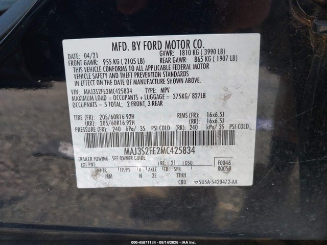 Продажа на аукционе авто 2021 Ford Ecosport S, vin: MAJ3S2FE2MC425834, номер лота: 45871184