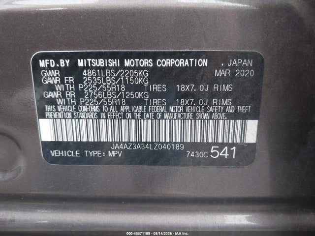 45871189 :رقم المزاد ، JA4AZ3A34LZ040189 vin ، 2020 Mitsubishi Outlander Se 2.4 S-awc مزاد بيع