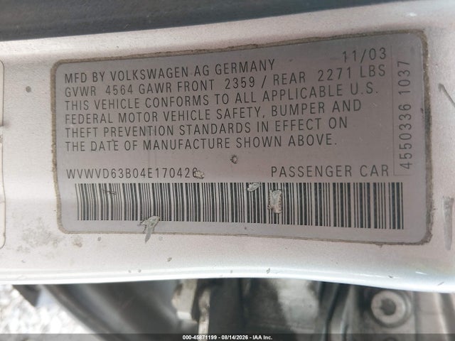 Aukcja sprzedaży 2004 Volkswagen Passat Gls, vin: WVWVD63B04E170426, numer aukcji: 45871199