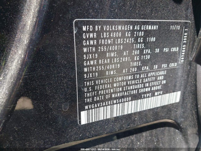 Aukcja sprzedaży 2014 Volkswagen Tiguan R-line, vin: WVGAV3AX8EW560609, numer aukcji: 45871212