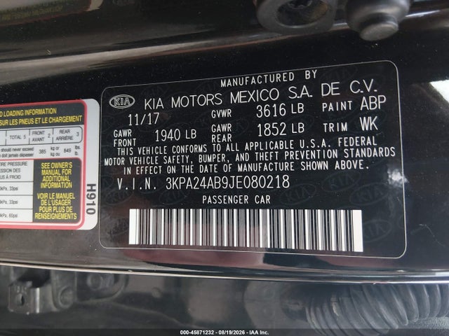 2018 Kia Rio Lx მანქანა იყიდება აუქციონზე, vin: 3KPA24AB9JE080218, აუქციონის ნომერი: 45871232