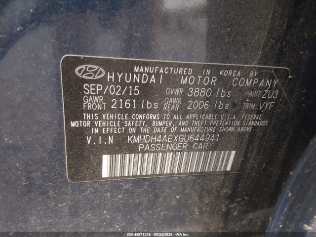 45871236 :رقم المزاد ، KMHDH4AEXGU644941 vin ، 2016 Hyundai Elantra Se مزاد بيع