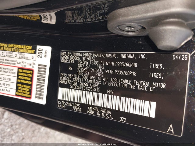 Aukcja sprzedaży 2026 Toyota Sienna Platinum, vin: 5TDESKFC6TS255816, numer aukcji: 45871243