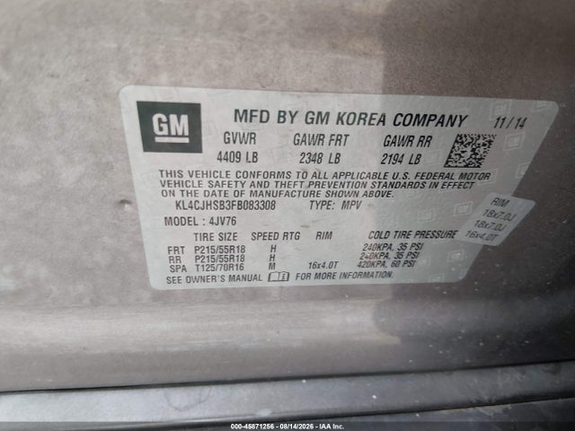 2015 Buick Encore Premium მანქანა იყიდება აუქციონზე, vin: KL4CJHSB3FB083308, აუქციონის ნომერი: 45871256