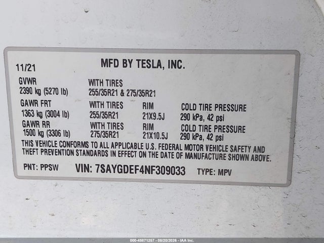 Продаж на аукціоні авто 2022 Tesla Model Y Performance Dual Motor All-wheel Drive, vin: 7SAYGDEF4NF309033, номер лоту: 45871257
