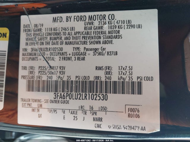 Auction sale of the 2020 Ford Fusion Hybrid Se, vin: 3FA6P0LU2LR102530, lot number: 45871262