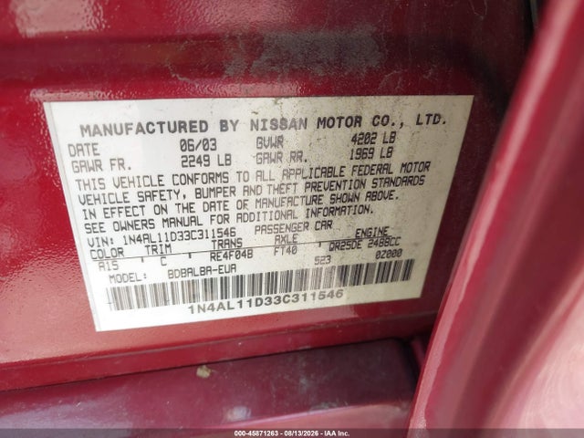 2003 Nissan Altima 2.5 S მანქანა იყიდება აუქციონზე, vin: 1N4AL11D33C311546, აუქციონის ნომერი: 45871263