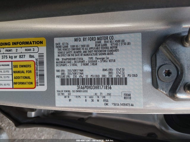 45871267 :رقم المزاد ، 3FA6P0HD3HR171856 vin ، 2017 Ford Fusion Se مزاد بيع