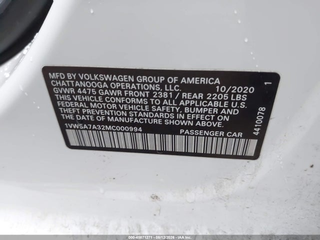 Aukcja sprzedaży 2021 Volkswagen Passat 2.0t Se, vin: 1VWSA7A32MC000994, numer aukcji: 45871271