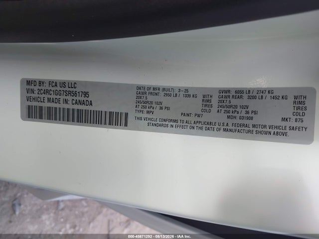 45871292 :رقم المزاد ، 2C4RC1GG7SR561795 vin ، 2025 Chrysler Pacifica Limited مزاد بيع