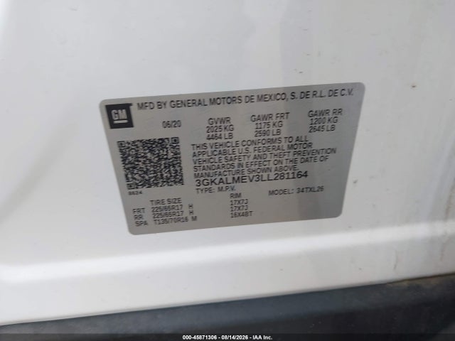 Aukcja sprzedaży 2020 Gmc Terrain Fwd Sle, vin: 3GKALMEV3LL281164, numer aukcji: 45871306