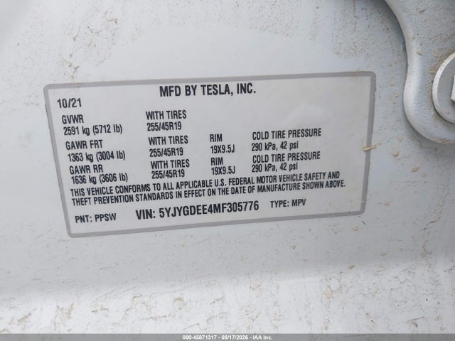 Aukcja sprzedaży 2021 Tesla Model Y Long Range Dual Motor All-wheel Drive, vin: 5YJYGDEE4MF305776, numer aukcji: 45871317