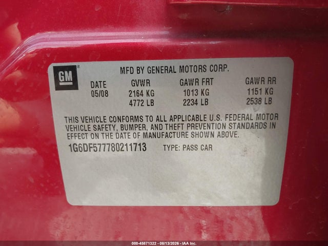 45871322 :رقم المزاد ، 1G6DF577780211713 vin ، 2008 Cadillac Cts Rwd W/1sa مزاد بيع