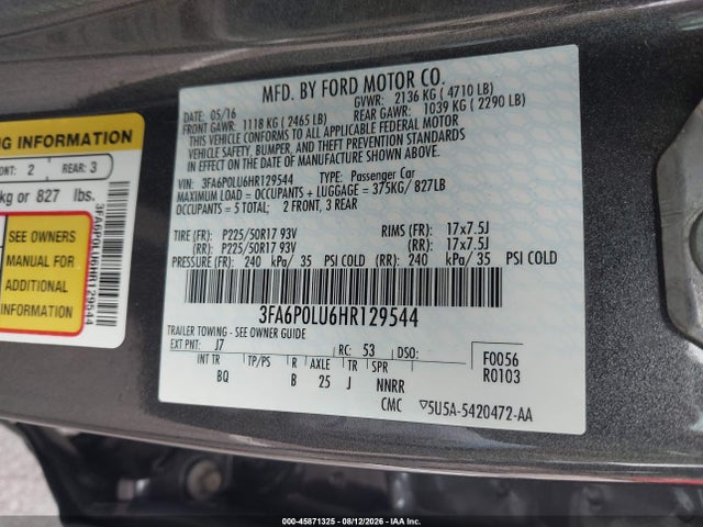 Продажа на аукционе авто 2017 Ford Fusion Hybrid Se, vin: 3FA6P0LU6HR129544, номер лота: 45871325