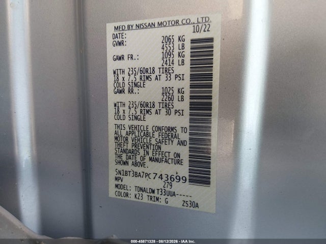 45871328 :رقم المزاد ، 5N1BT3BA7PC743699 vin ، 2023 Nissan Rogue Sv Fwd مزاد بيع