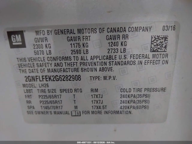 Продажа на аукционе авто 2016 Chevrolet Equinox Lt, vin: 2GNFLFEK2G6282908, номер лота: 45871331