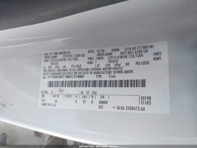 Aukcja sprzedaży 2021 Ford F-350 Lariat, vin: 1FT8W3BT1MEC51886, numer aukcji: 45871333