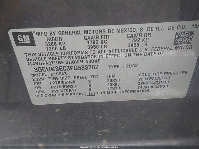 Продажа на аукционе авто 2015 Chevrolet Silverado 1500 Ltz, vin: 3GCUKSEC3FG533782, номер лота: 45871337