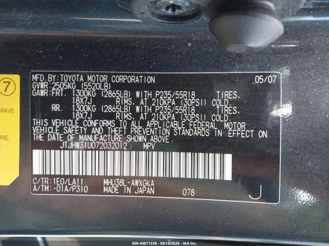 Aukcja sprzedaży 2007 Lexus Rx 400h, vin: JTJHW31U072032012, numer aukcji: 45871339