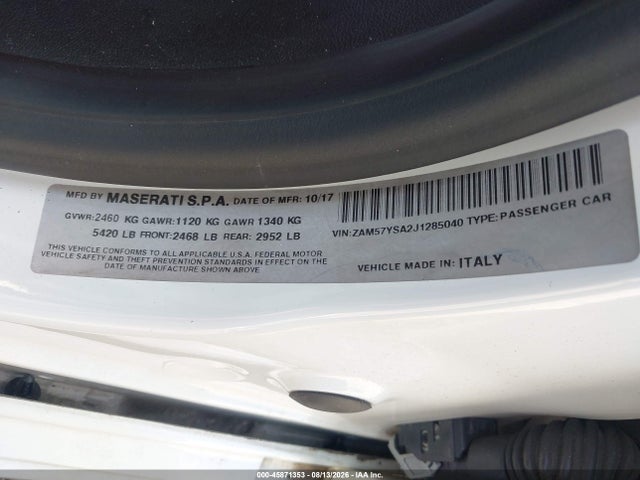 Aukcja sprzedaży 2018 Maserati Ghibli S, vin: ZAM57YSA2J1285040, numer aukcji: 45871353