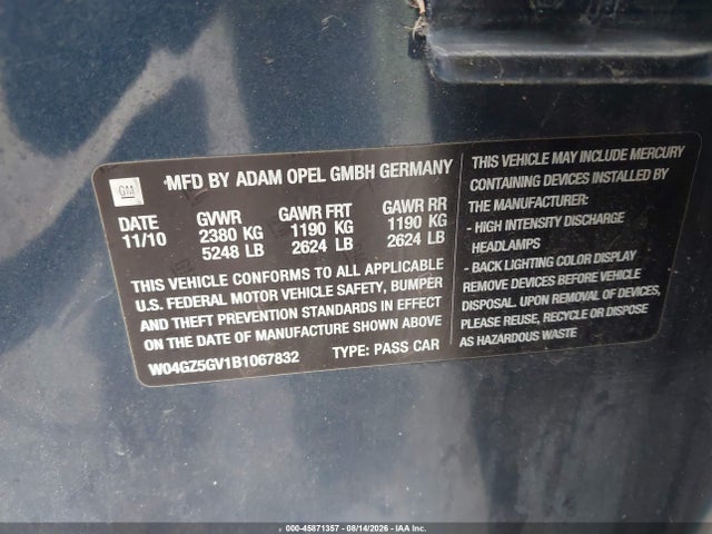 Aukcja sprzedaży 2011 Buick Regal Cxl Turbo Russelsheim, vin: W04GZ5GV1B1067832, numer aukcji: 45871357
