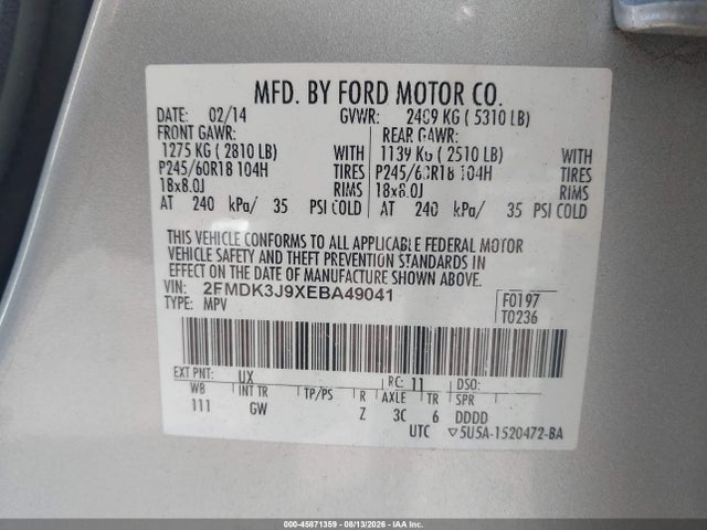 45871359 :رقم المزاد ، 2FMDK3J9XEBA49041 vin ، 2014 Ford Edge Sel مزاد بيع