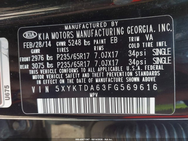 Aukcja sprzedaży 2015 Kia Sorento Lx, vin: 5XYKTDA63FG569616, numer aukcji: 45871367