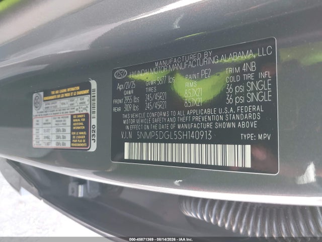 45871369 :رقم المزاد ، 5NMP5DGL5SH140913 vin ، 2025 Hyundai Santa Fe Calligraphy مزاد بيع