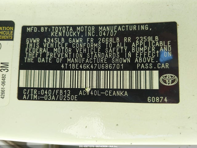 2007 Toyota Camry Ce მანქანა იყიდება აუქციონზე, vin: 4T1BE46K47U686701, აუქციონის ნომერი: 45871370