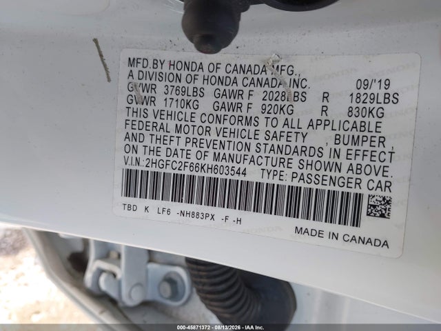 Aukcja sprzedaży 2019 Honda Civic Lx, vin: 2HGFC2F66KH603544, numer aukcji: 45871372