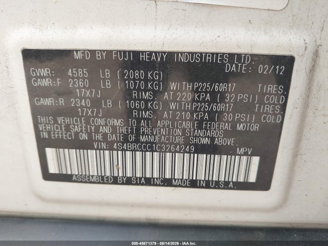 45871379 :رقم المزاد ، 4S4BRCCC1C3264249 vin ، 2012 Subaru Outback 2.5i Premium مزاد بيع
