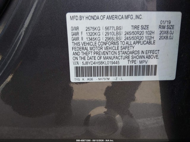 Продажа на аукционе авто 2019 Acura Mdx Tech Pkg, vin: 5J8YD4H58KL019445, номер лота: 45871380