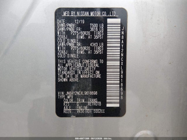 45871389 :رقم المزاد ، JN8AY2NCXL9618698 vin ، 2020 Nissan Armada Sl 4wd مزاد بيع