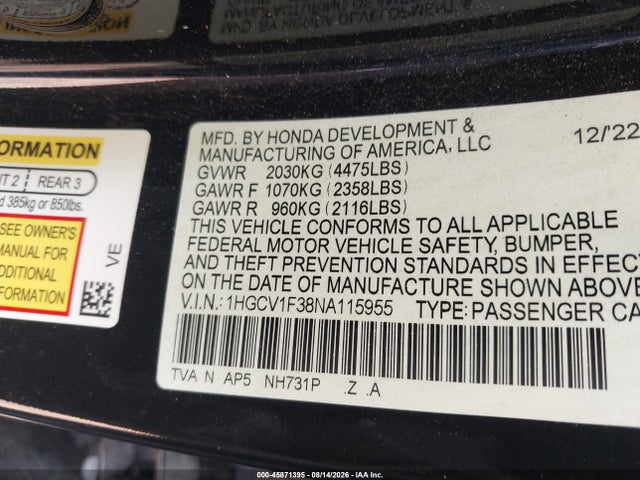 2022 Honda Accord Sport მანქანა იყიდება აუქციონზე, vin: 1HGCV1F38NA115955, აუქციონის ნომერი: 45871395