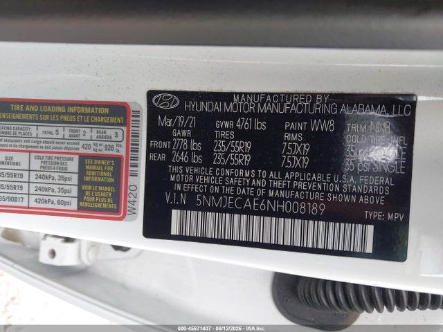 Продажа на аукционе авто 2022 Hyundai Tucson Limited, vin: 5NMJECAE6NH008189, номер лота: 45871407