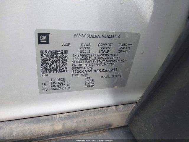 45871411 :رقم المزاد ، 1GKKNRLA2KZ286293 vin ، 2019 Gmc Acadia Sle-1 مزاد بيع