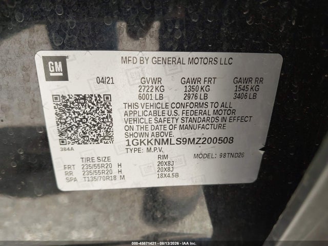 45871421 :رقم المزاد ، 1GKKNMLS9MZ200508 vin ، 2021 Gmc Acadia Fwd Slt مزاد بيع
