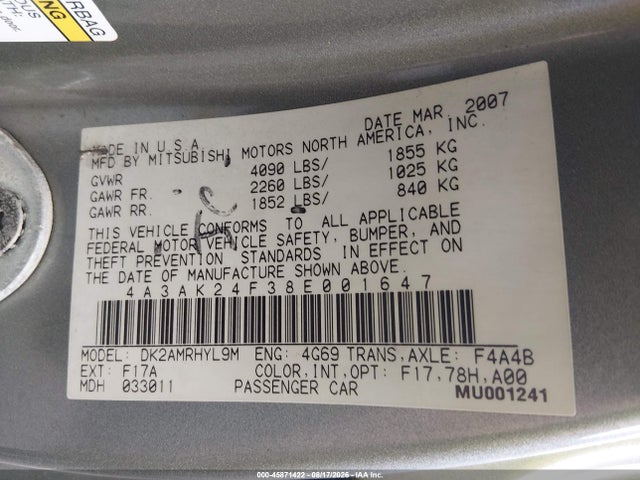 Продажа на аукционе авто 2008 Mitsubishi Eclipse Gs, vin: 4A3AK24F38E001647, номер лота: 45871422